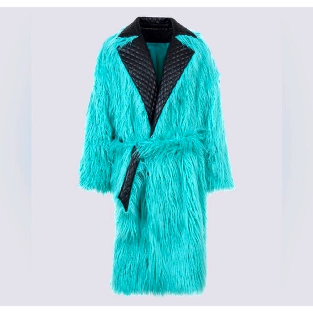 ORTTU Faux Fur Unique Trench Coat Faux Leather Size Fit XL Belted V-Neckline